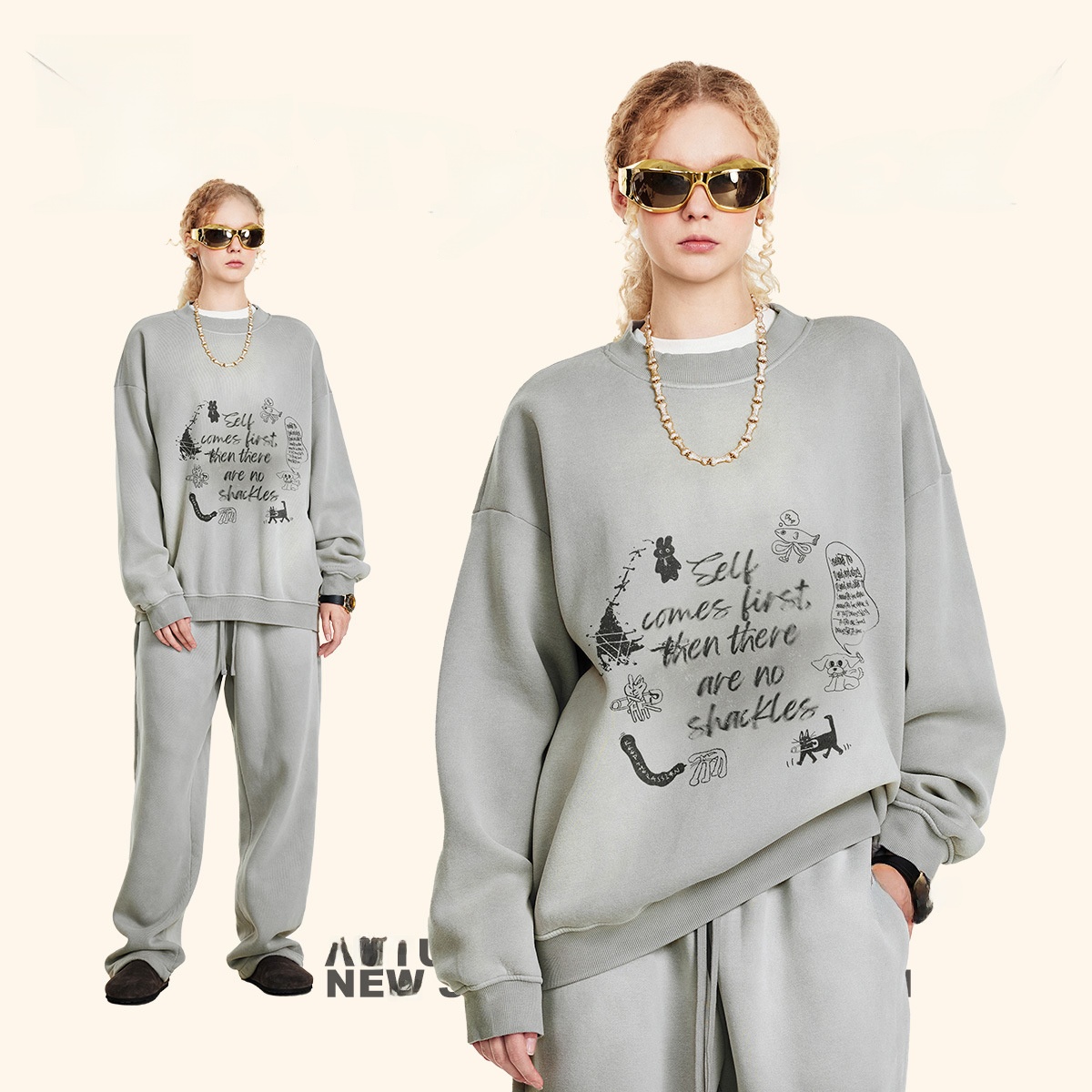 Men's Oversized round Ne Fce L - Streetwear Brand With K 评论和价格